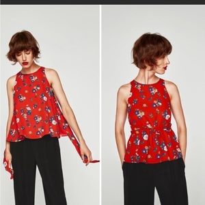 Zara Red Flowy Open Back Tie Shirt with Flowers